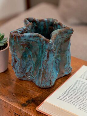 Signed SWBE Studio Pottery Drip Glaze Vase Planter Vessel–Blue Brown Organic Art